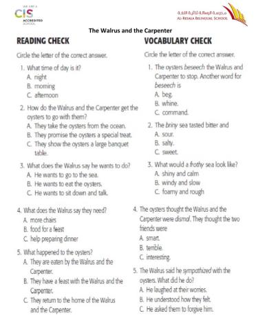 The Walrus and the Carpenter Reading Check and Voc