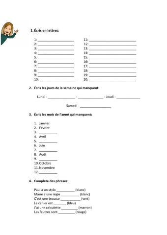 Nombres 1-20, mois, jours, couleurs