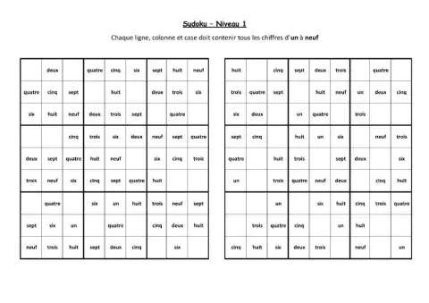 Sudoku (les nombres en français 1-9)