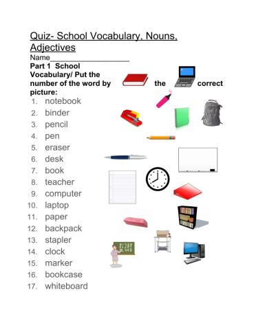 Quiz-school vocabulary, nouns, adjectives