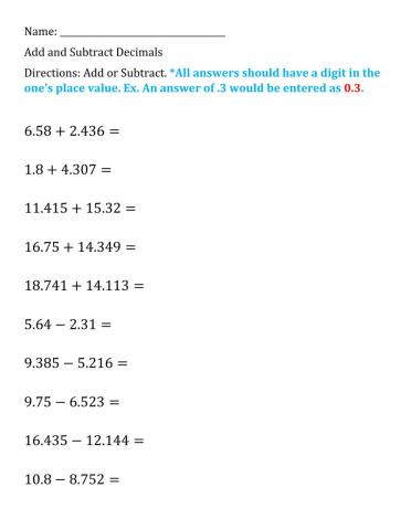 Add & Subtract Decimals