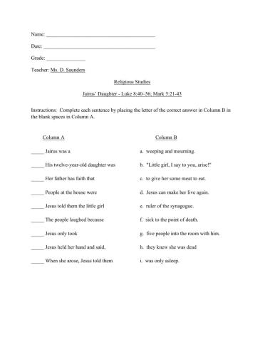 Jairus' Daughter matching worksheet