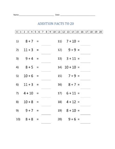 Addition facts to 20