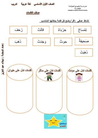 صنف الكلمات حسب الجدول