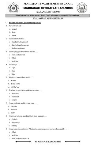 PTS Aqidah Akhlak Kelas 1