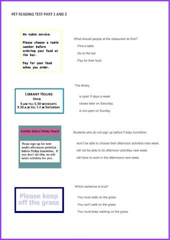 Pet reading test 1 and 2
