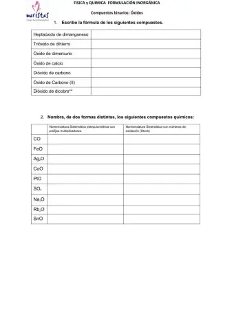 Ejercicio Formulación inorgánica: Compuestos Binarios: Oxidos