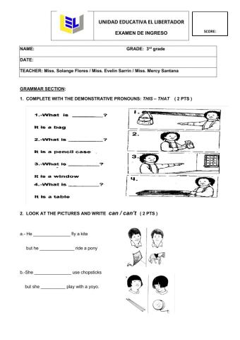 Examen de admisión. 3rd grade.