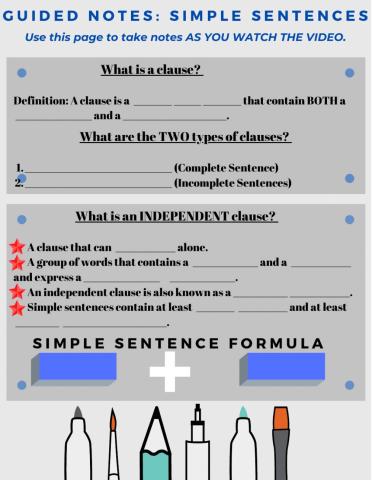 Simple Sentences GUIDED NOTES