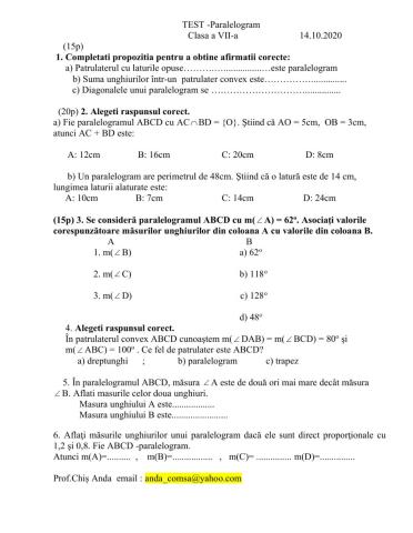Test -Clasa a VII-a -Paralelogram