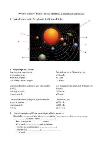 Evaluare  -Pământul și Sistemul nostru Solar