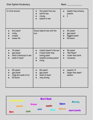 Solar System Vocabulary