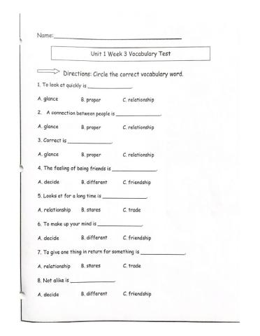Reading wonders unit 1 week 3 vocabulary test