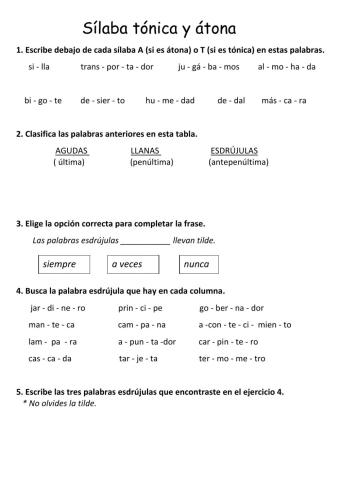 Sílaba tónica y átona. Esdrújulas