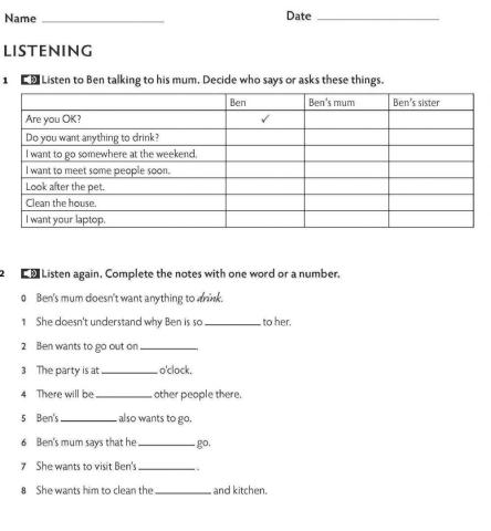 Think 1 A2 Unit 4 Test Listening