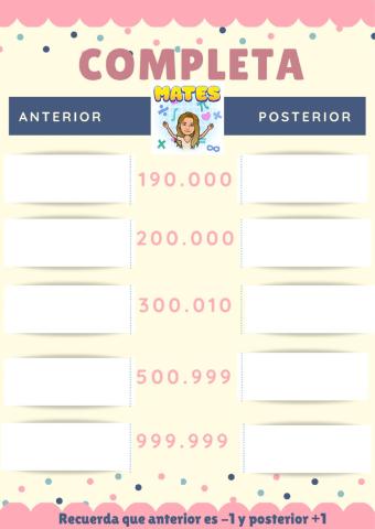 Anterior y posterior números de 6 cifras