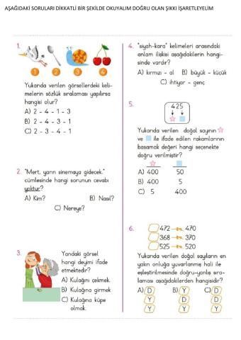 3. sınıf türkçe matematik fen hayat bilgisi test