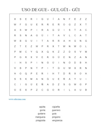 Sopa de letras gue - gui - gûe - gûi