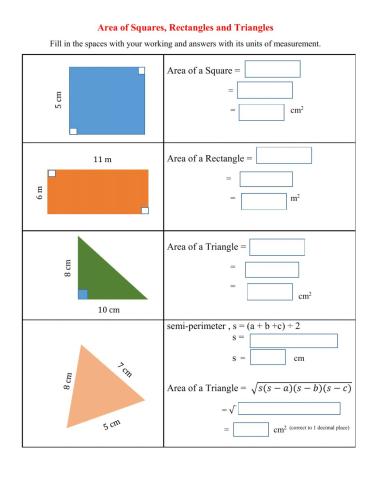 Area of Squares, Rectangles and Triangles