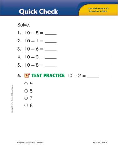 Math Grade 1 subtract from 10