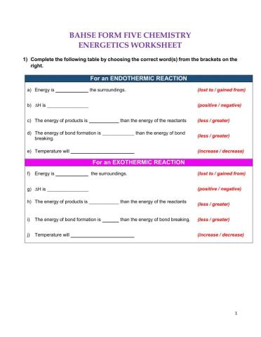 Energetics Worksheet