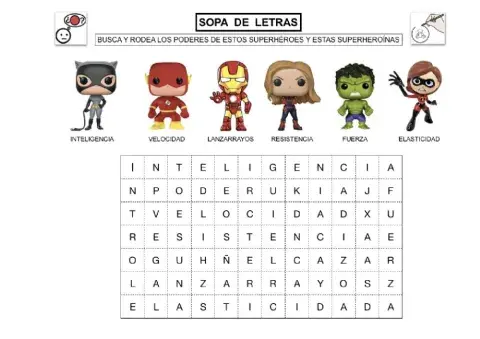 sopa de letras de los superhéroes y las superheroínas
