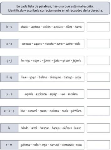 Encuentra la palabra mal escrita y vuelve escribirla bien.