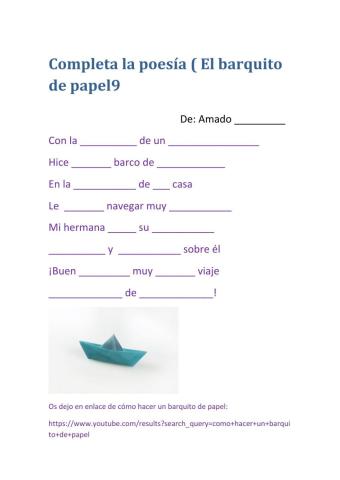 Completa la poesía -El barquito de papel-