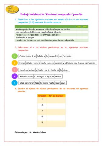 Trabajo individual de “Oraciones compuestas” para 8vo