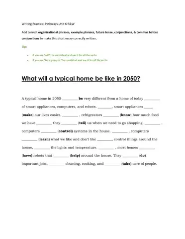 Level 4 Unit 6: organizational phrases, example phrases, future tense, conjunctions, - commas before conjunctions