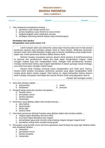 Penilaian Harian 1 Bahasa Indonesia Tema 3 Subtema 1