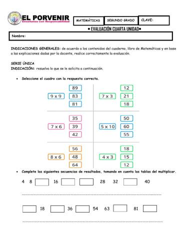 Examen matemáticas cuarta unidad