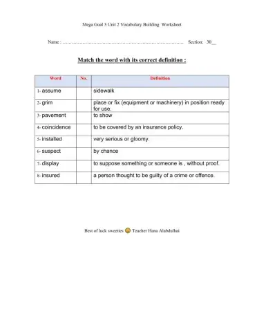 MG3 Unit 2 Vocabulary Building Match Worksheet