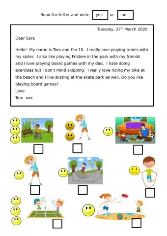 Reading letter about hobbies + likes-dislikes