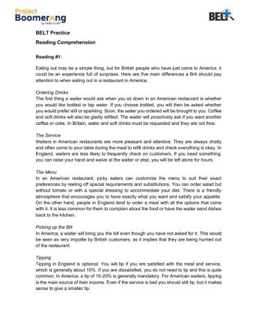 BELT Reading Comprehension Practice Part I