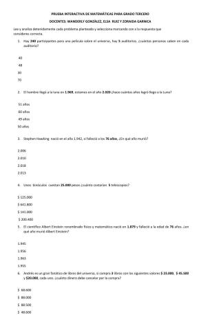 Prueba interactiva de matemáticas para grado 3°