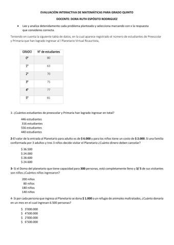 Prueba interactiva de matemáticas para grado 5°