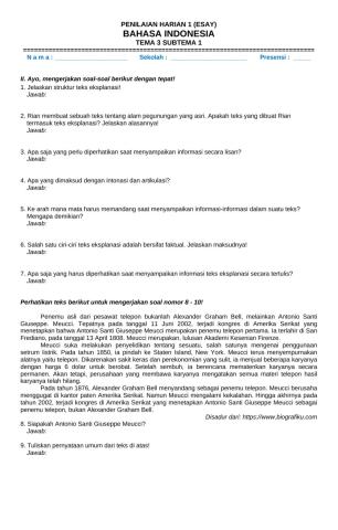 Penilaian Harian 1 Bahasa Indonesia Isian Tema 3 Subtema 1