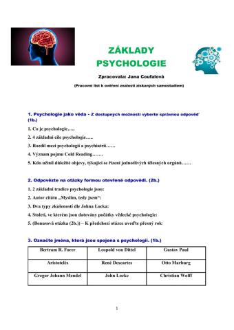 Pracovní list - základy psychologie
