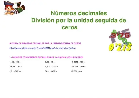 División de números decimales por la unidad seguida de ceros