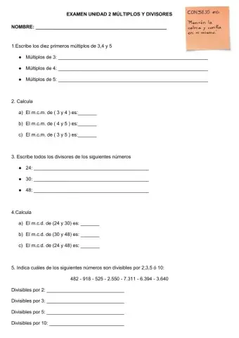 Examen unidad 2 Múltiplos y divisores