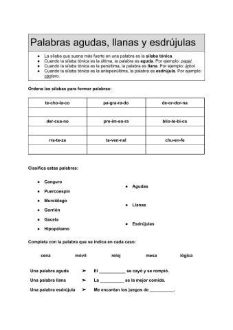 Palabras agudas, llanas y esdrújulas