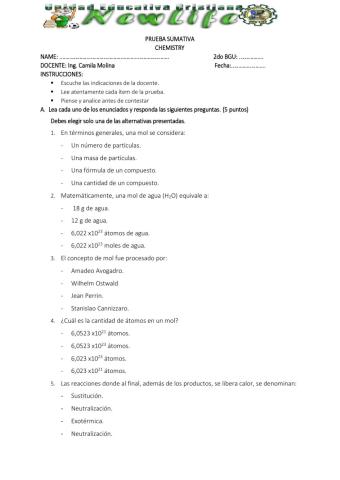 Prueba de unidad - química 2do