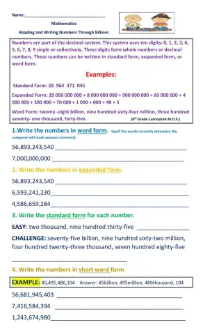Reading and Writing Numbers Through Billions