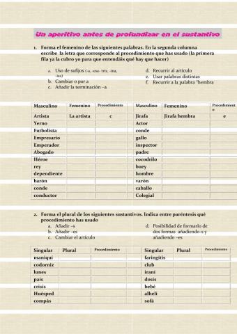 Ejercicios para comenzar a repasar el sustantivo