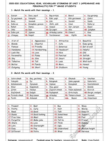 7th Grade Unit 1 Appearance and Personality Vocabulary Revision