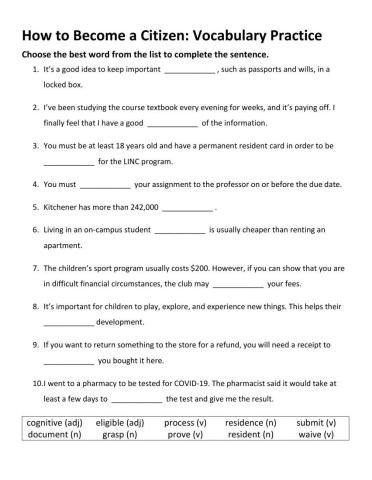 Citizenship Vocabulary Cloze
