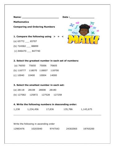 Comparing and Ordering Numbers