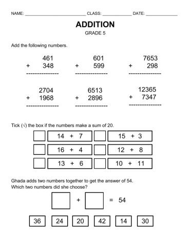 Addition Worksheet Grade 5