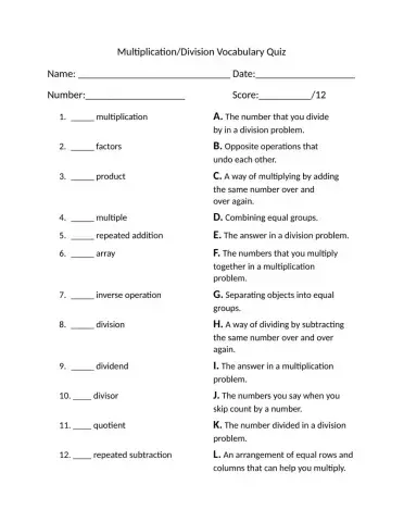 Multiplication And Division Vocabulary